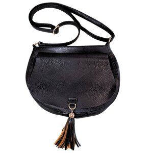 Vegan Leather Black Saddle Bag Crossbody Shoulder Strap Tassel Detail